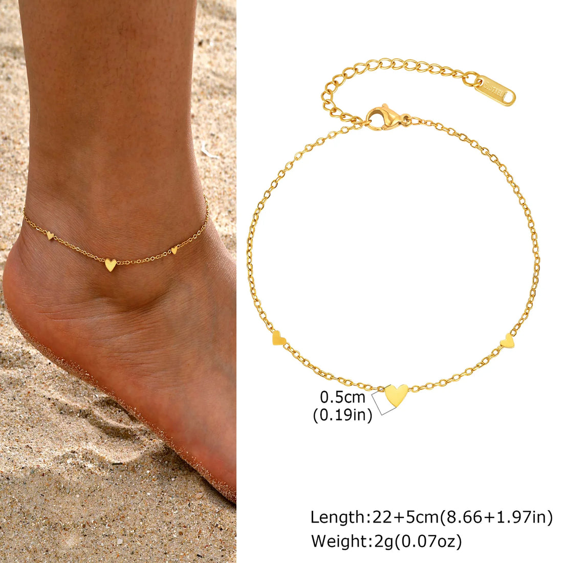 Bracelet de Cheville Acier Doré – Chaîne Fine 3 Cœurs
