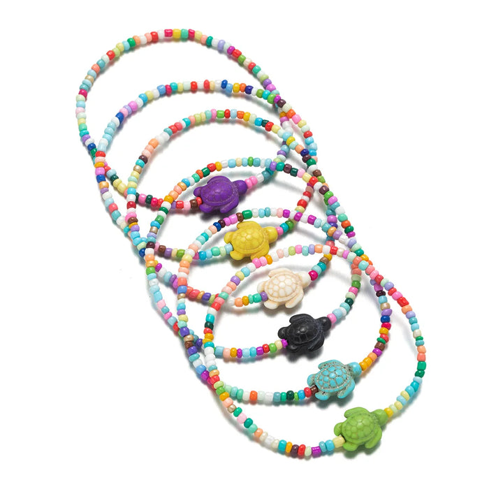Bracelet de Cheville en Perles Colorée Multi-Rangs avec Tortue