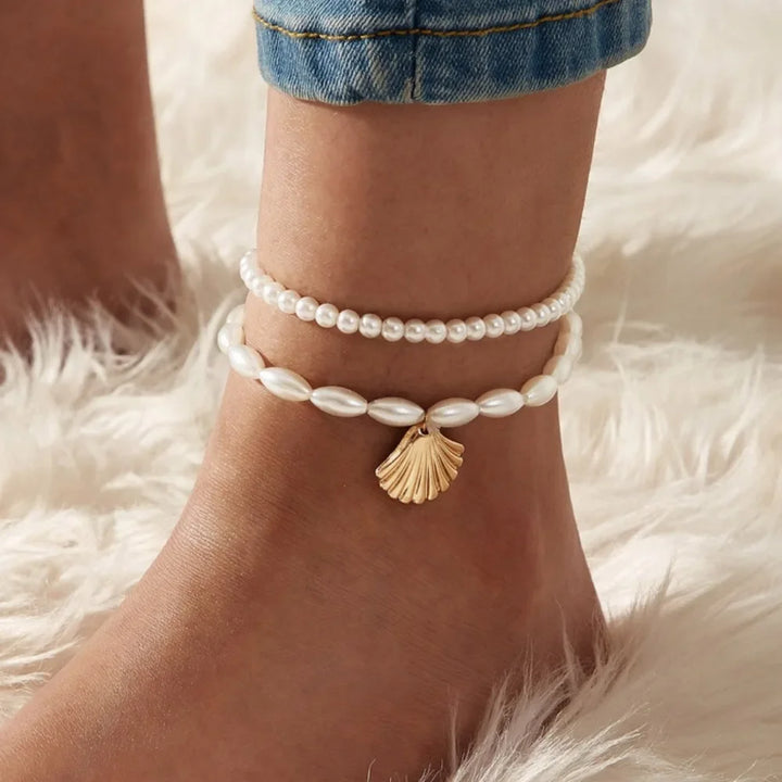 Bracelet de Cheville en Perles Blanches avec Coquillage