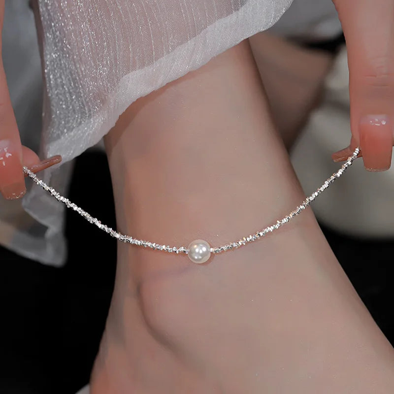 Women's Sterling Silver 925 Double Fine Chain Anklet with Sparkling Rhinestones